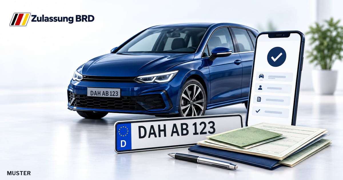Online Fahrzeugzulassung in Landkreis Dachau: Musterkennzeichen DAH AB 123, Auto und Fahrzeugpapiere und Smartphone. Illustration mit Logo von Zulassung BRD.